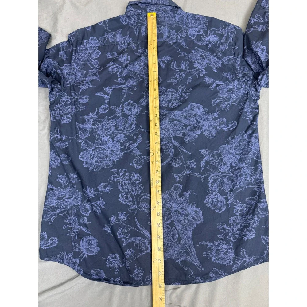 Banana Republic Mens Large Luxe Poplin Untucked Slim Fit Floral Shirt Navy Blue